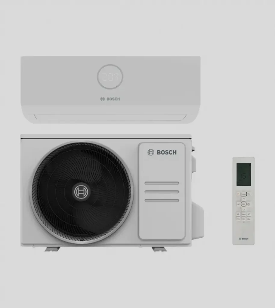 Bosch air conditioning system with wall-mounted unit displaying temperature, external unit with fan and logo, and remote control with display and buttons. Ideal for efficient cooling systems, it seamlessly integrates into your HVAC setup.