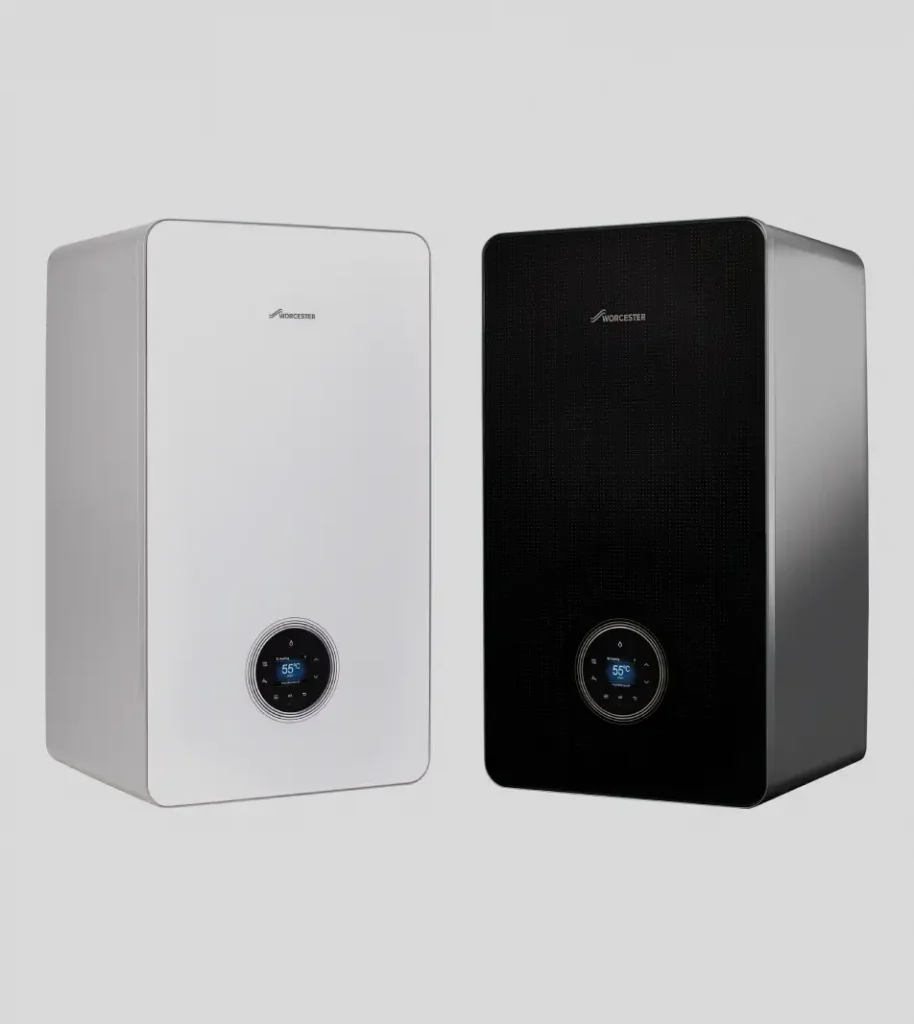 Two modern boilers, one white and one black, both featuring a digital control display on the front, are now available with flexible Boiler Finance options.